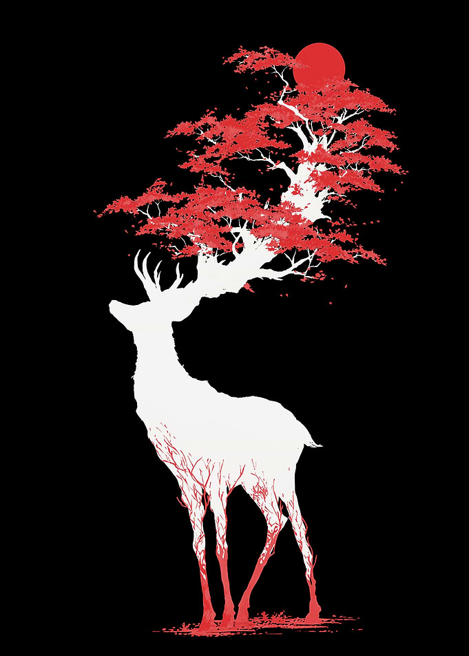 White Deer with Red Tree Antlers