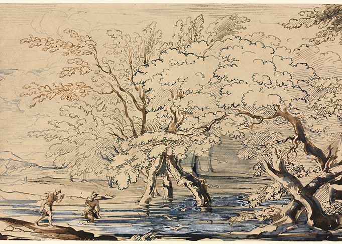 Two men fishing in a river