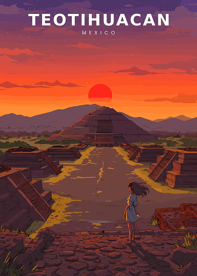 Teotihuacan Sunset with Lone Figure