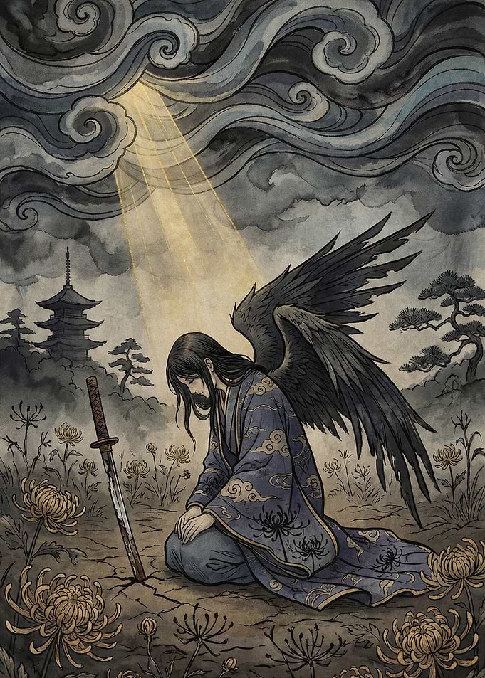 Angel Kneeling in Chrysanthemum Field