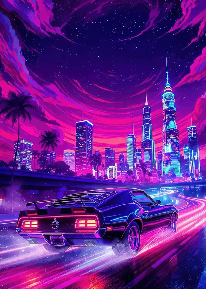 Retro Car Driving Through Neon Cityscape