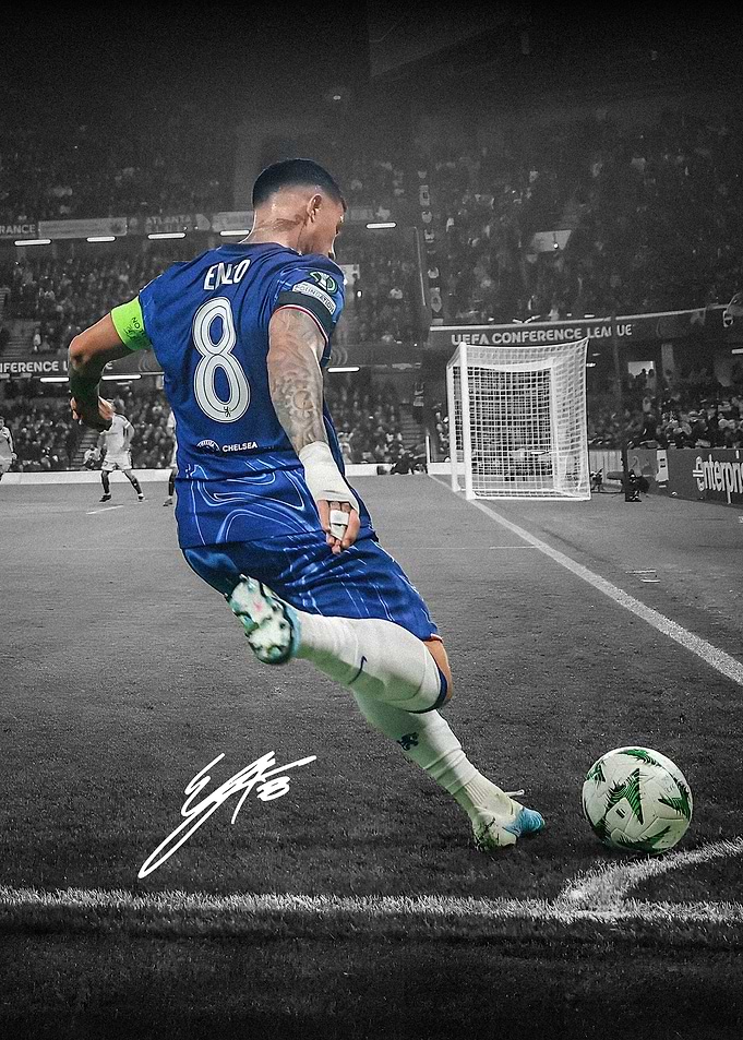 Footballer Enzo Fernandez Kicking Ball