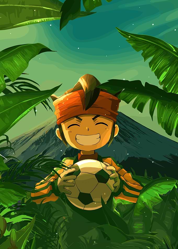 Anime Boy with Soccer Ball in Jungle