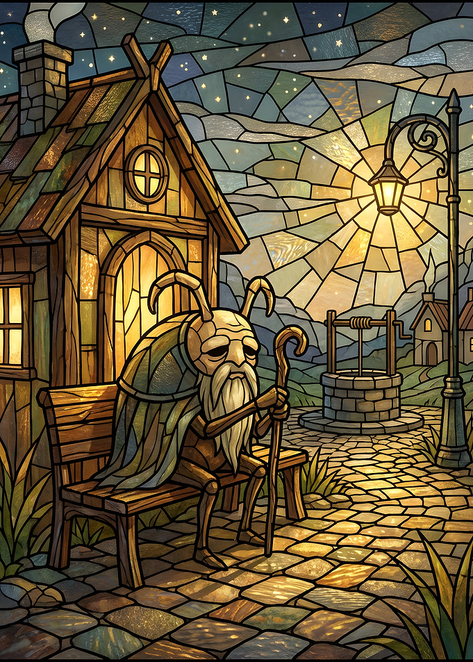 Elderly Beetle Creature in Stained Glass Style