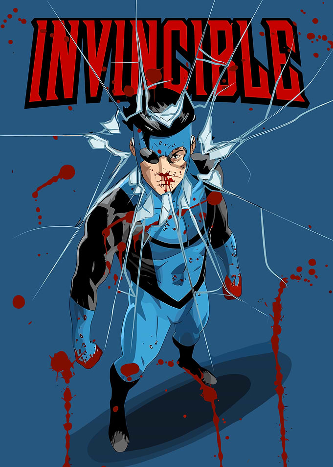 Invincible superhero with blood splatters
