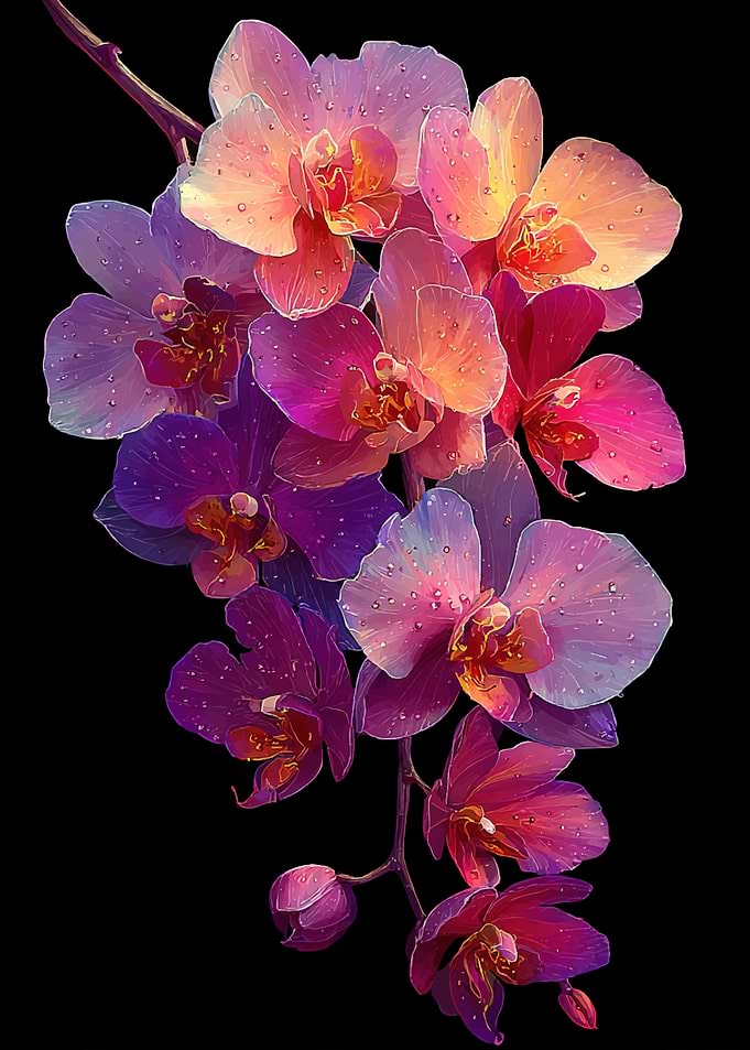 Vibrant Orchids with Water Droplets