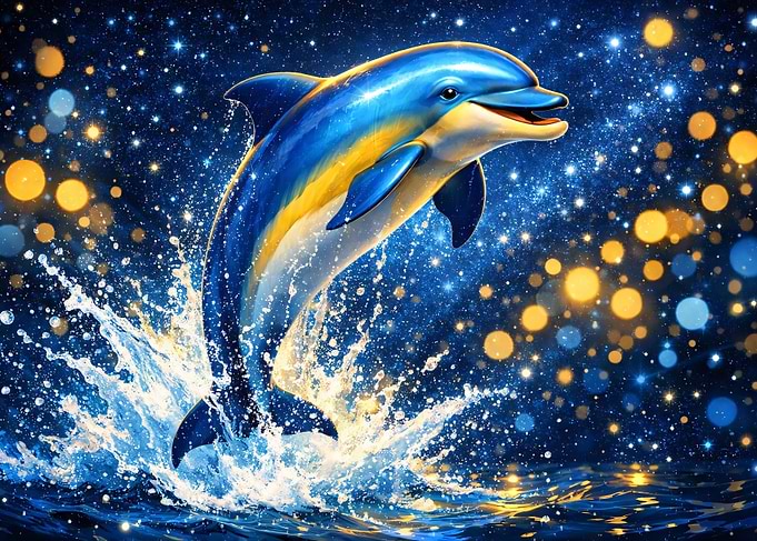Dolphin jumping in starry water