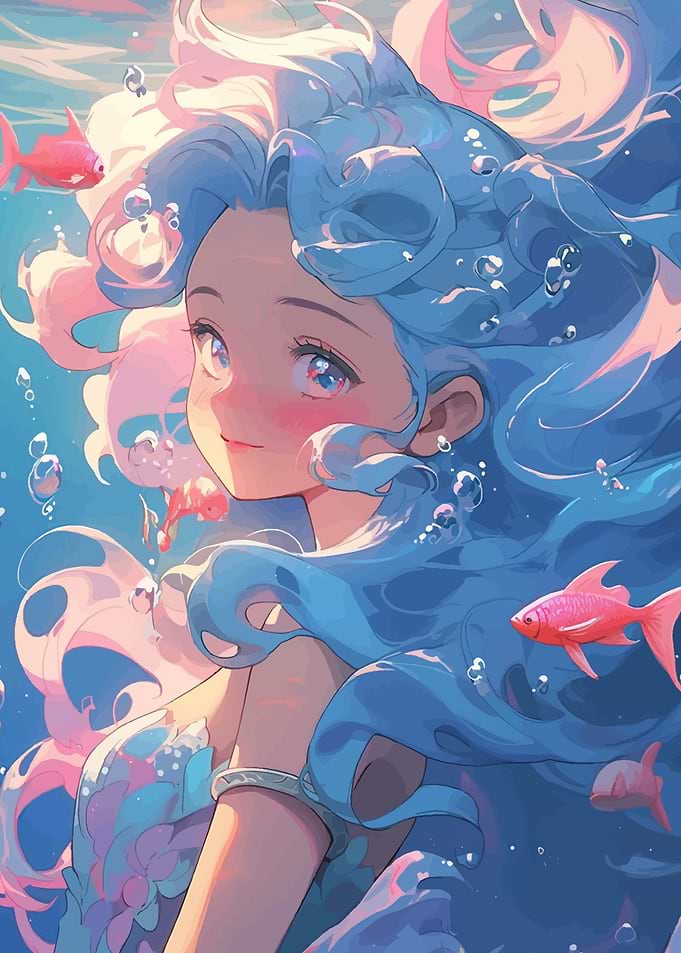 Anime Mermaid with Blue Hair and Fish