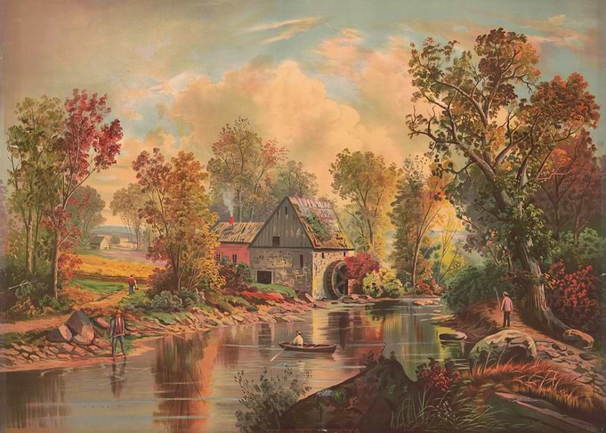 Autumn Mill Scene with Fishermen
