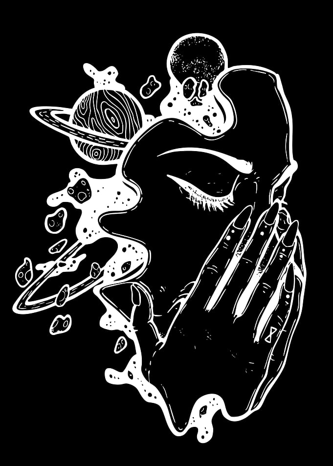 Cosmic Face with Planet and Hands