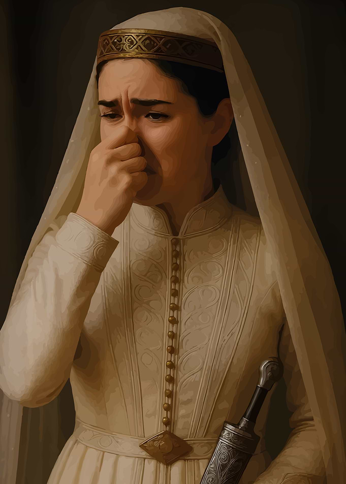 Woman in traditional attire crying