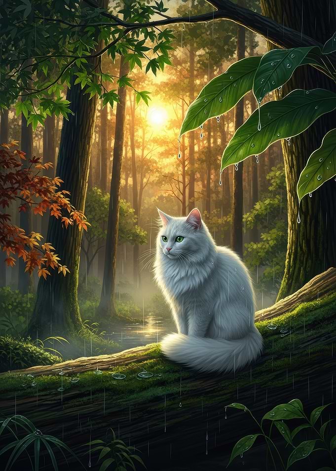 White Cat in Rainy Forest