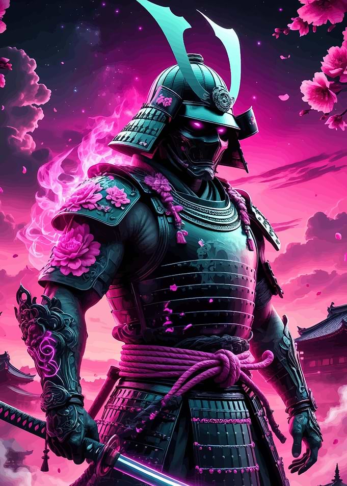 Cyberpunk Samurai with Pink Cherry Blossoms