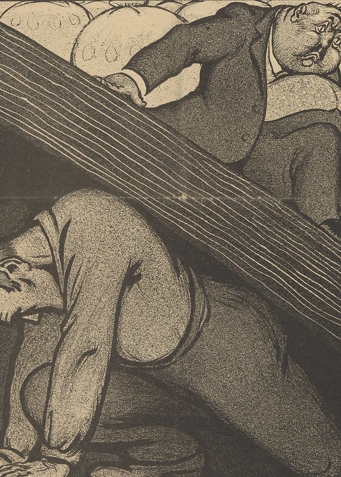Two men struggling with a large beam
