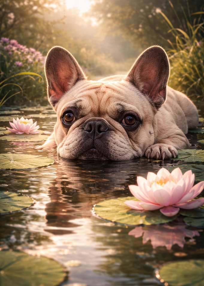 French Bulldog in a Pond with Water Lilies