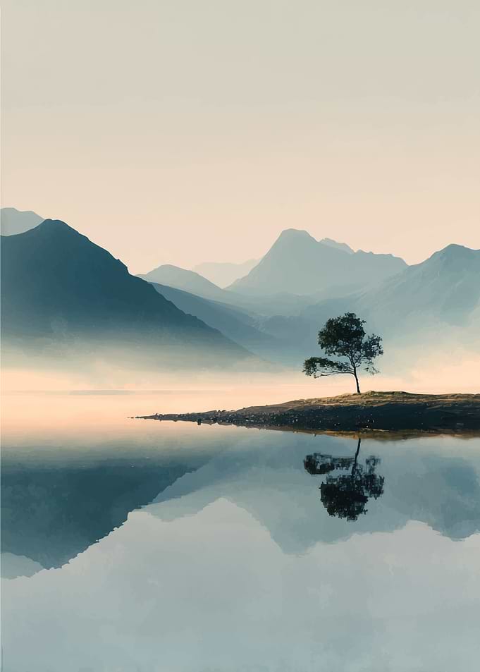 Misty Mountains and Lone Tree Reflection