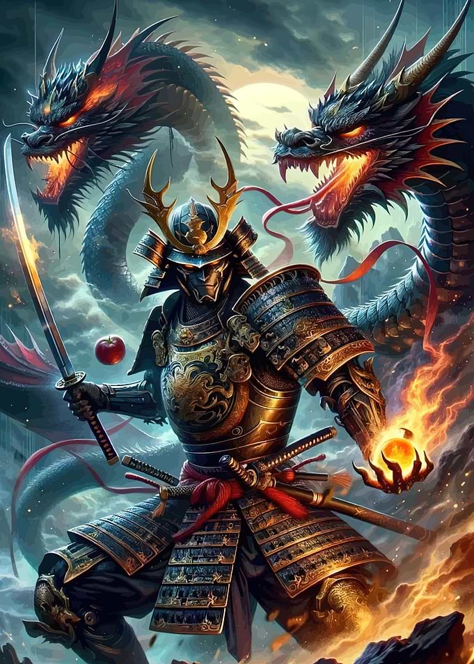 Samurai Warrior Battling Dragons