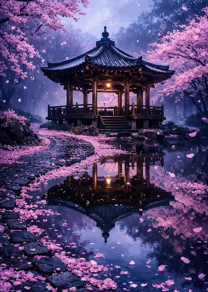 Serene Japanese Garden with Cherry Blossoms