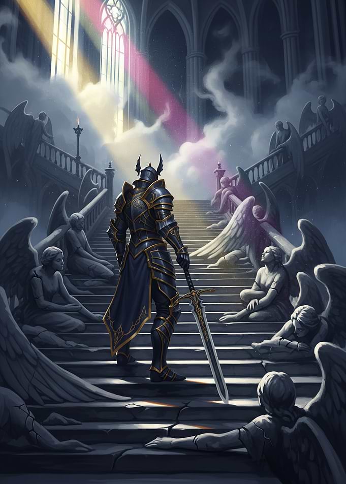 Knight in a Cathedral with Angel Statues