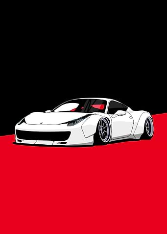White Sports Car on Red and Black Background