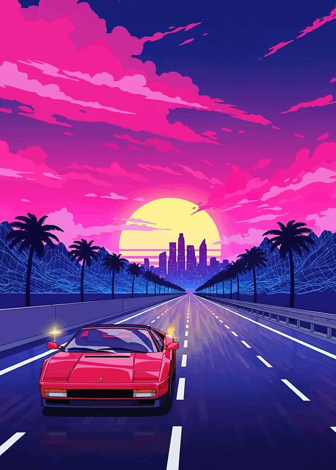 Retro Sunset Drive with Sports Car