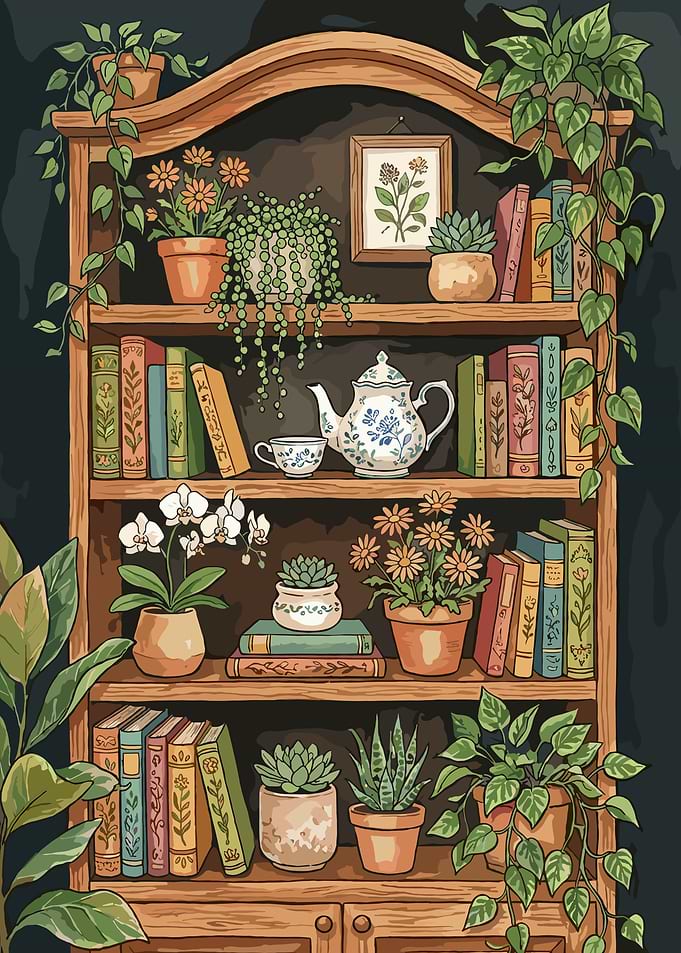 Cozy Bookshelf with Plants and Teapot