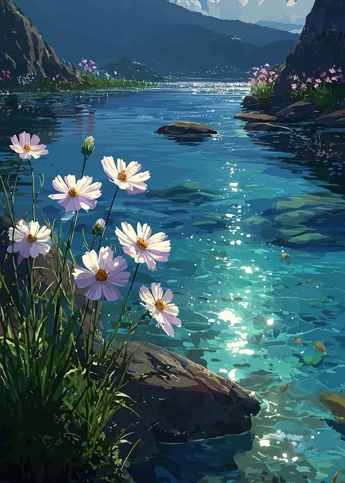 Serene Lakeside with White Flowers