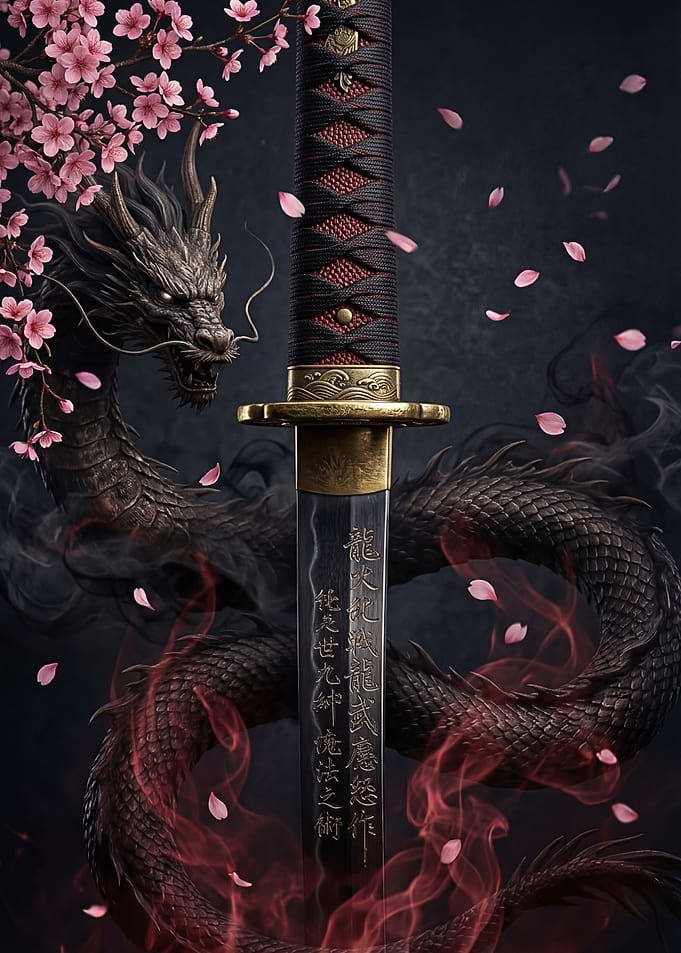 Dragon and Katana with Cherry Blossoms