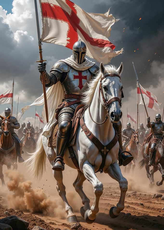Knight on White Horse with Flag