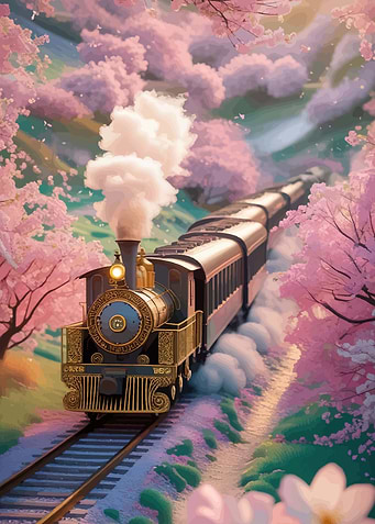 Steam Train Through Cherry Blossoms