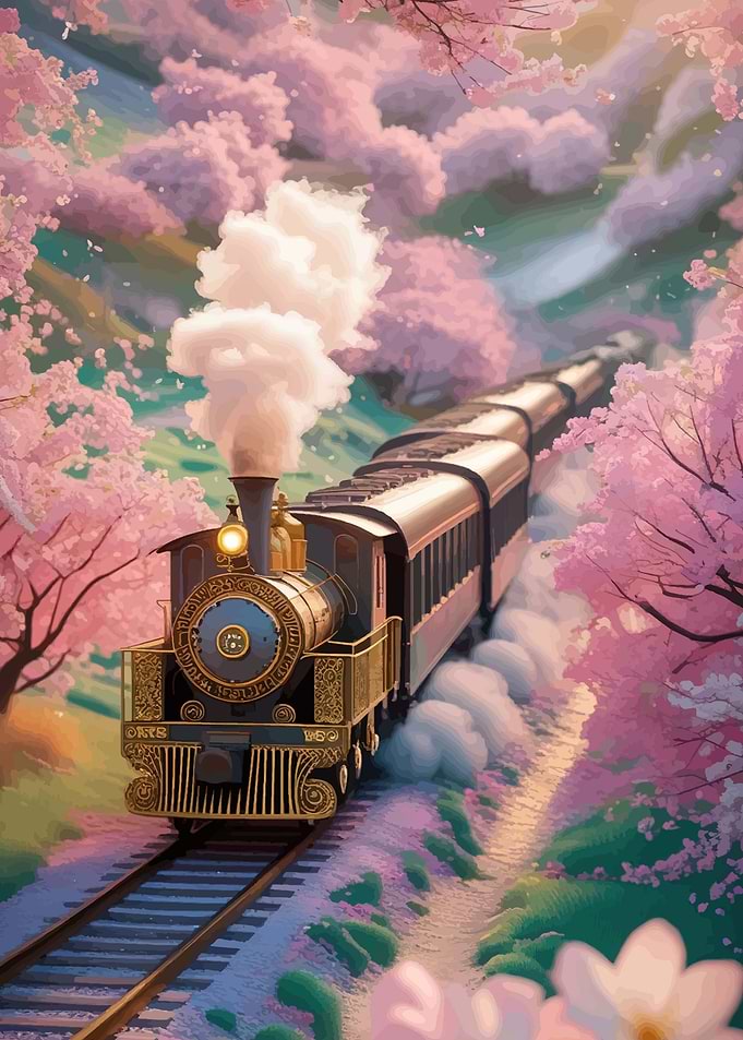 Steam Train Through Cherry Blossoms