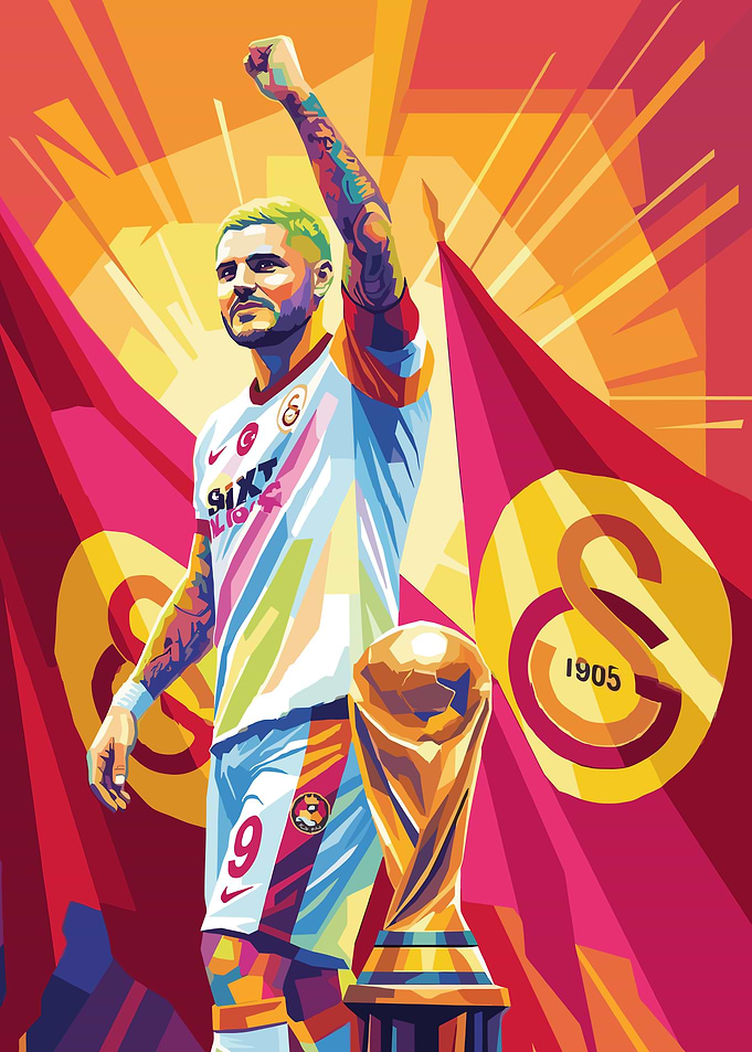 Footballer with Trophy and Flags