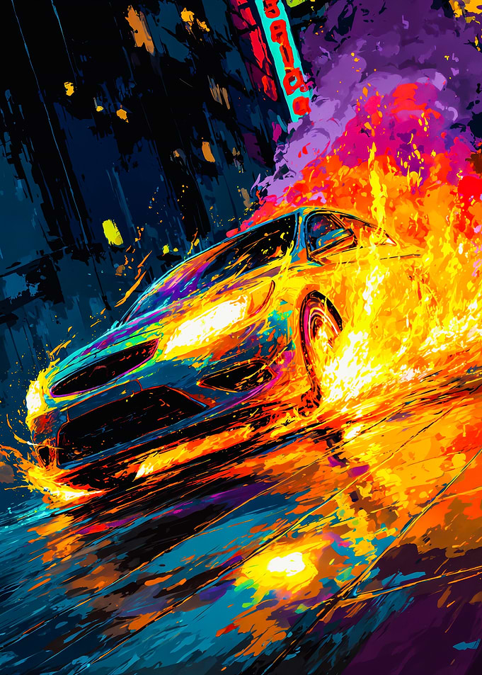 Flaming Sports Car Neon City