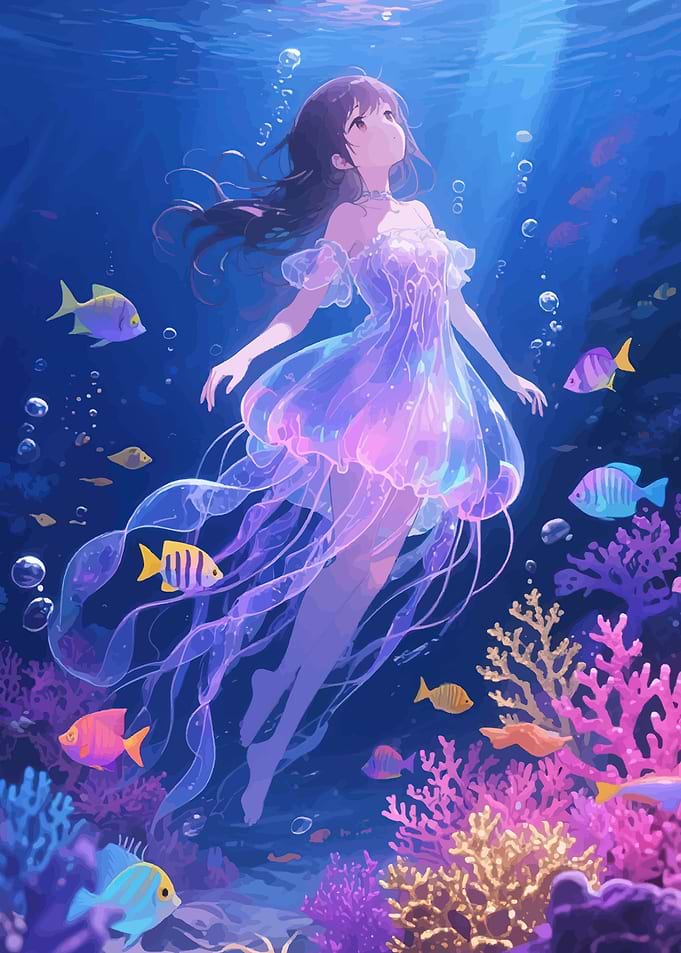 Anime Girl in Jellyfish Dress Underwater