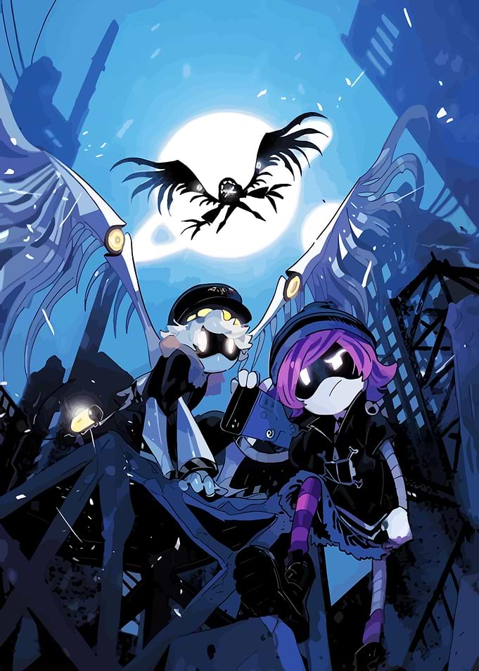 Murder Drones Characters in a Dark Cityscape