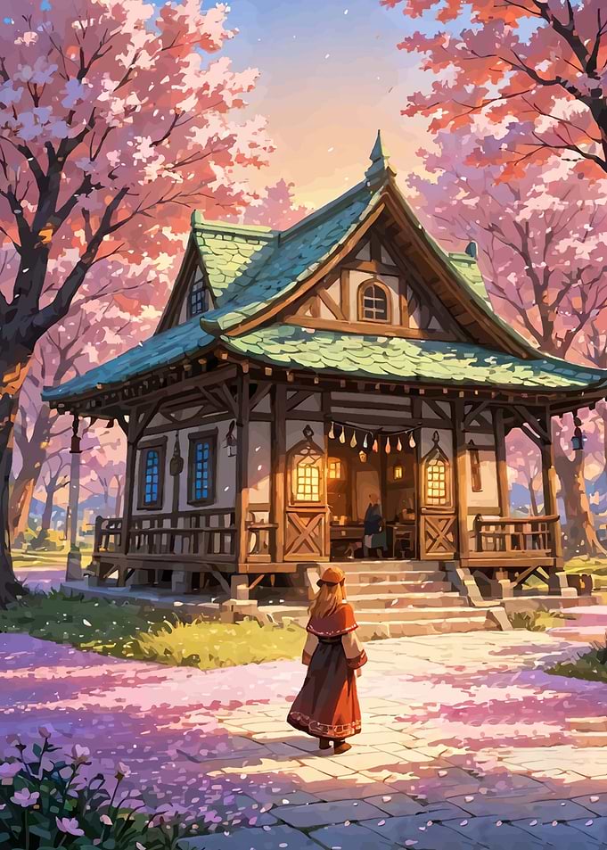 Girl approaching a traditional Japanese house