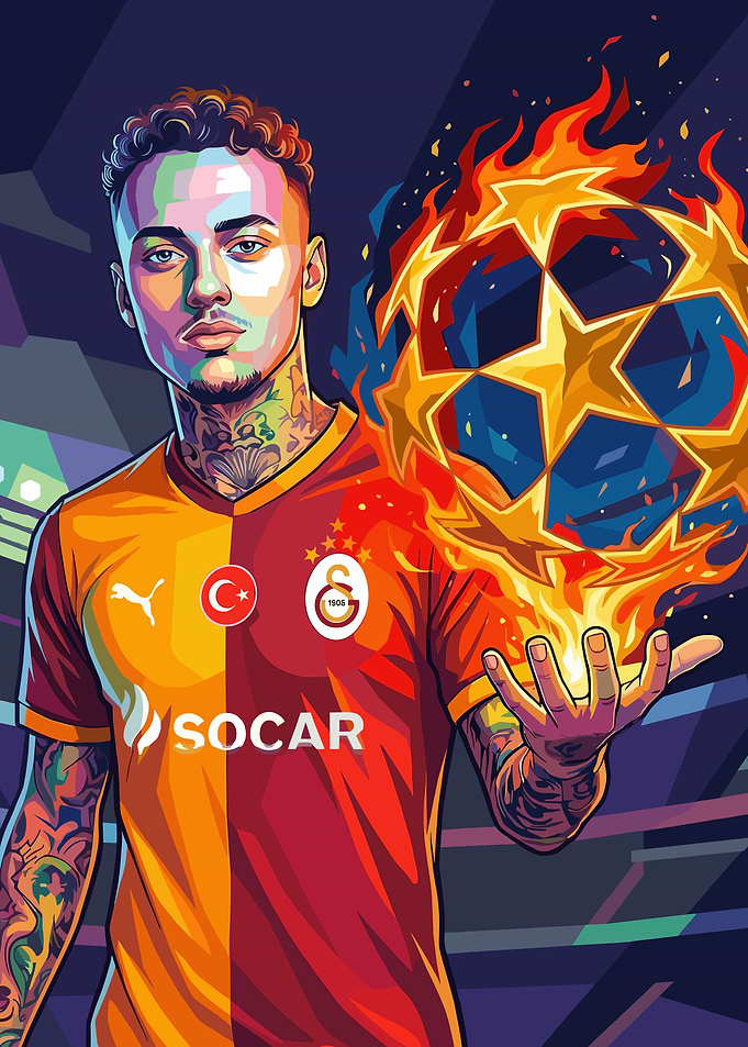 Footballer with Fiery Champions League Ball