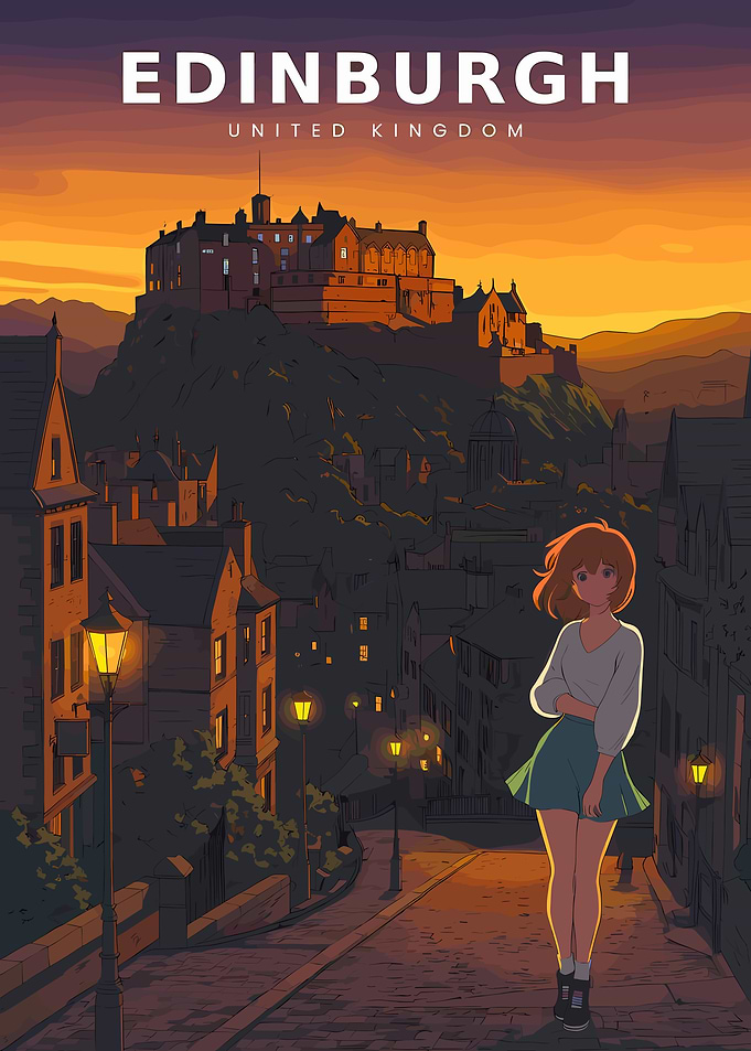 Edinburgh Castle at Sunset Anime Poster