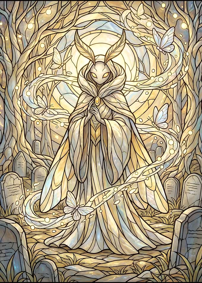 Stained Glass Moth Knight in Cemetery
