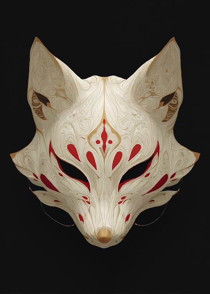 Kitsune Mask with Red and Gold Accents