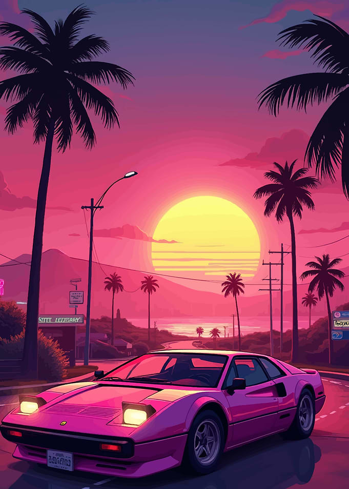 Retro Pink Sports Car at Sunset
