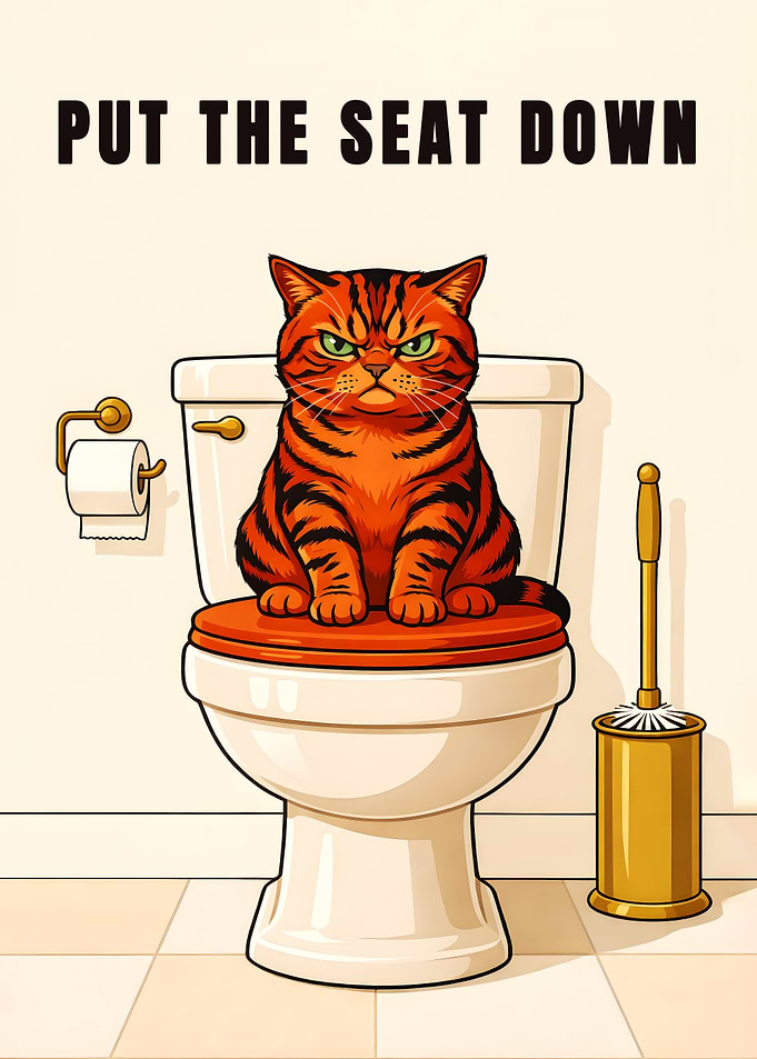 Put The Seat Down Funny Angry Cat Metal Poster - Orange Tabby Bathroom Wall Art - Retro Humorous Art