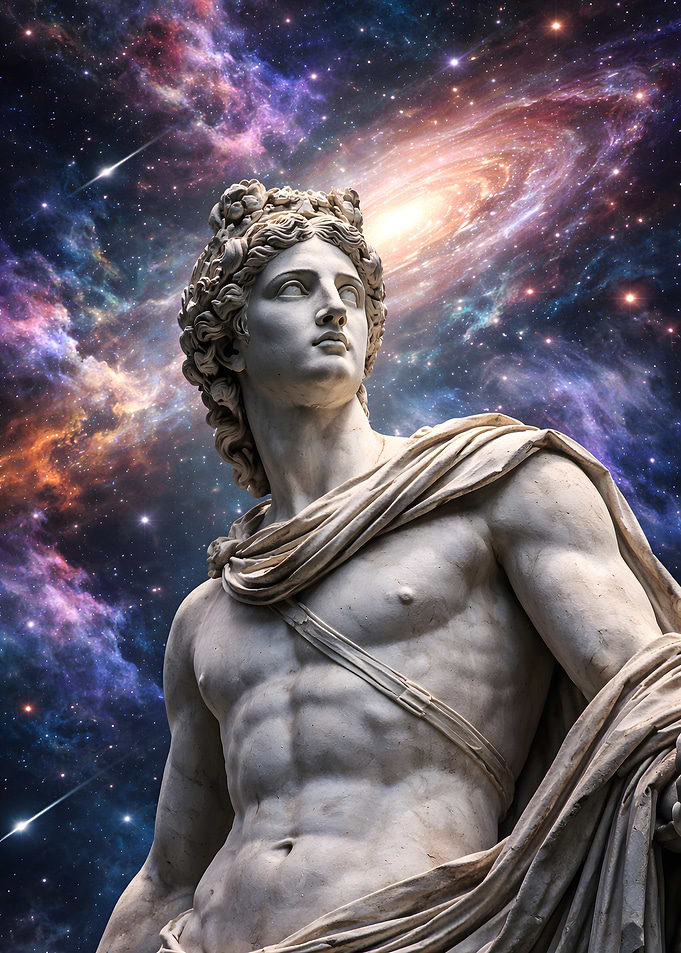 Apollo Statue in Cosmic Nebula