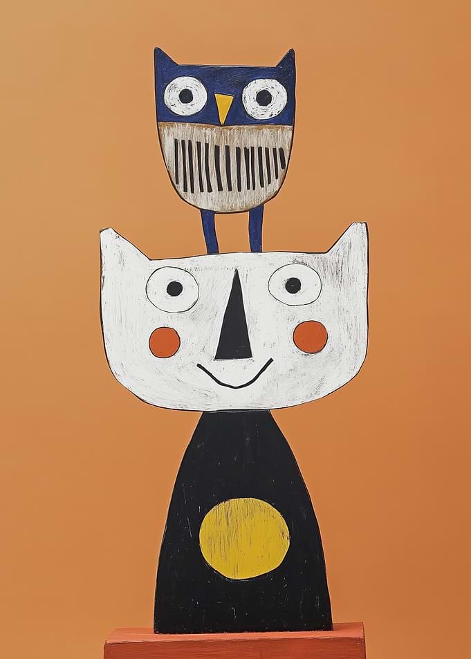 Whimsical Owl and Cat Sculpture