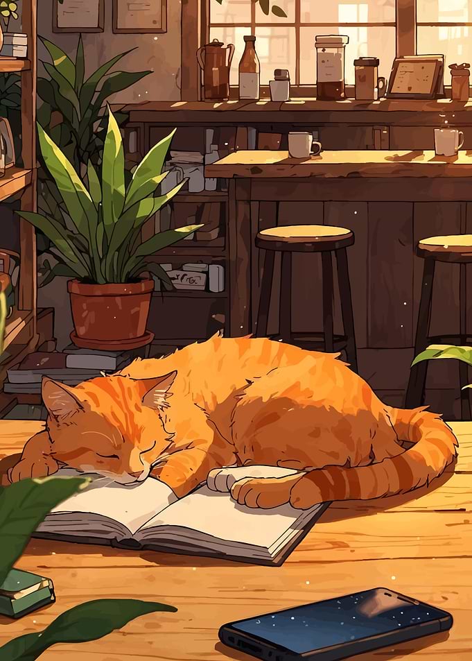 Orange cat sleeping on a book