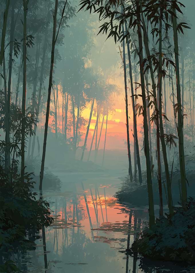 Misty Bamboo Forest at Sunrise