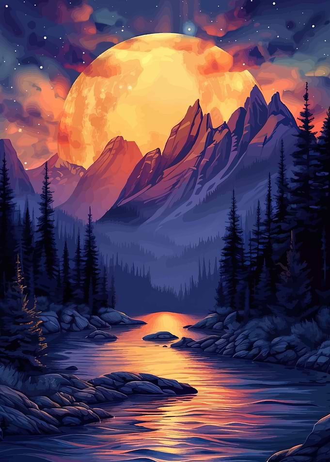 Vibrant Moonlit Mountain Landscape