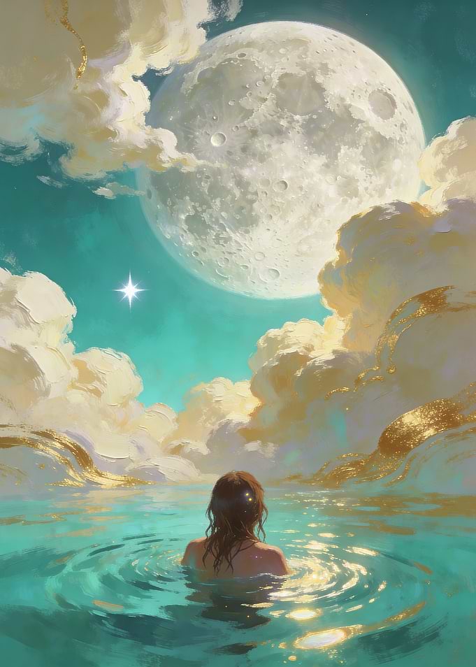 Woman in Water Under a Large Moon