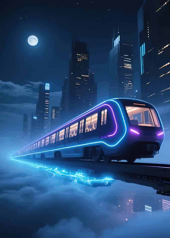 Futuristic Neon Train in Cityscape