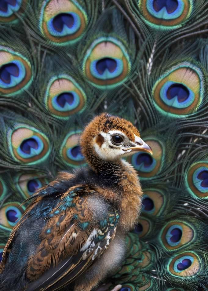 Peacock Chick with Feathers